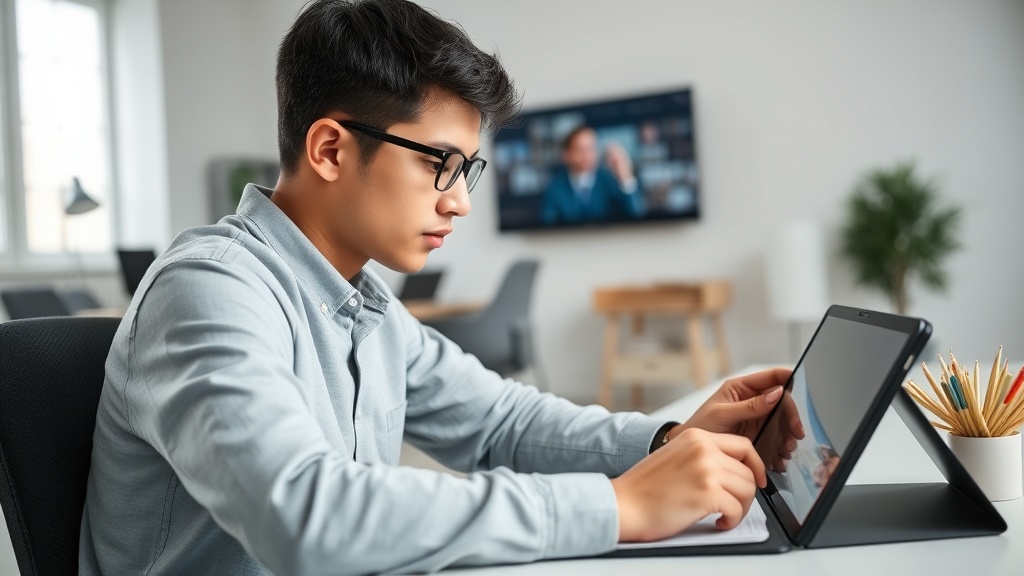 태블릿 PC로 온라인 강의를 시청하면서도 단순히 화면만 바라보지 않고 핵심 내용을 노트에 직접 요약하며 능동적으로 학습하는 모습