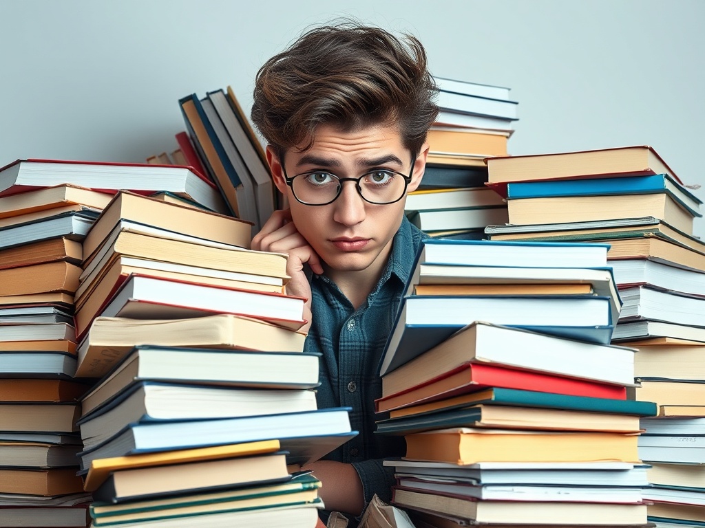 수많은 수험서에 둘러싸여 어떤 방식이 맞는지 고민하며 혼란스러워하는 학습자의 모습